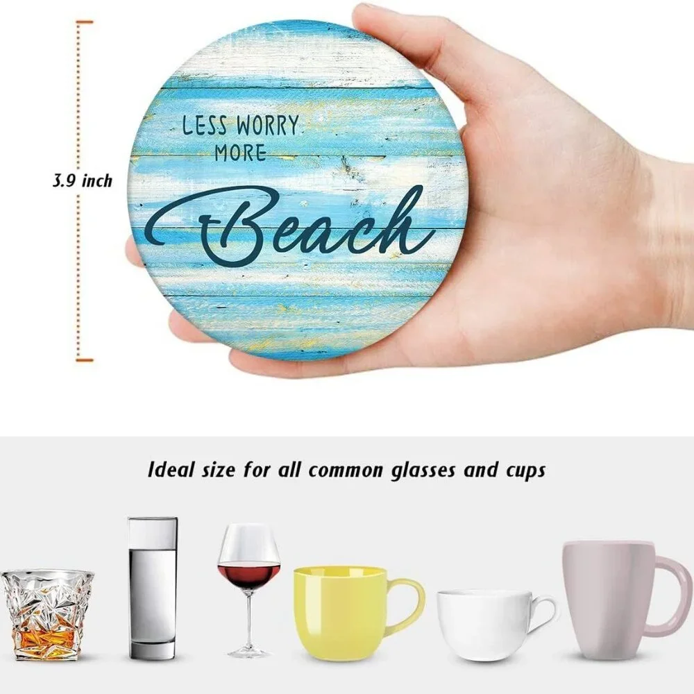 Coaster for Drinks Set of 6, Beach Shell Antique Teal Blue Table Absorbent Round